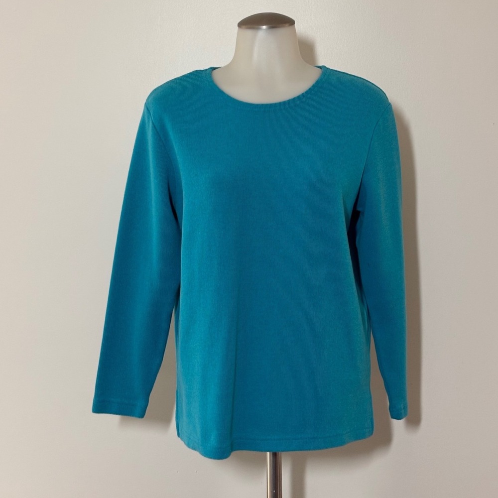 Parisian Works Knit Top Womens PM Teal Blue Ribbed 3/4 Sleeve Good Preowned